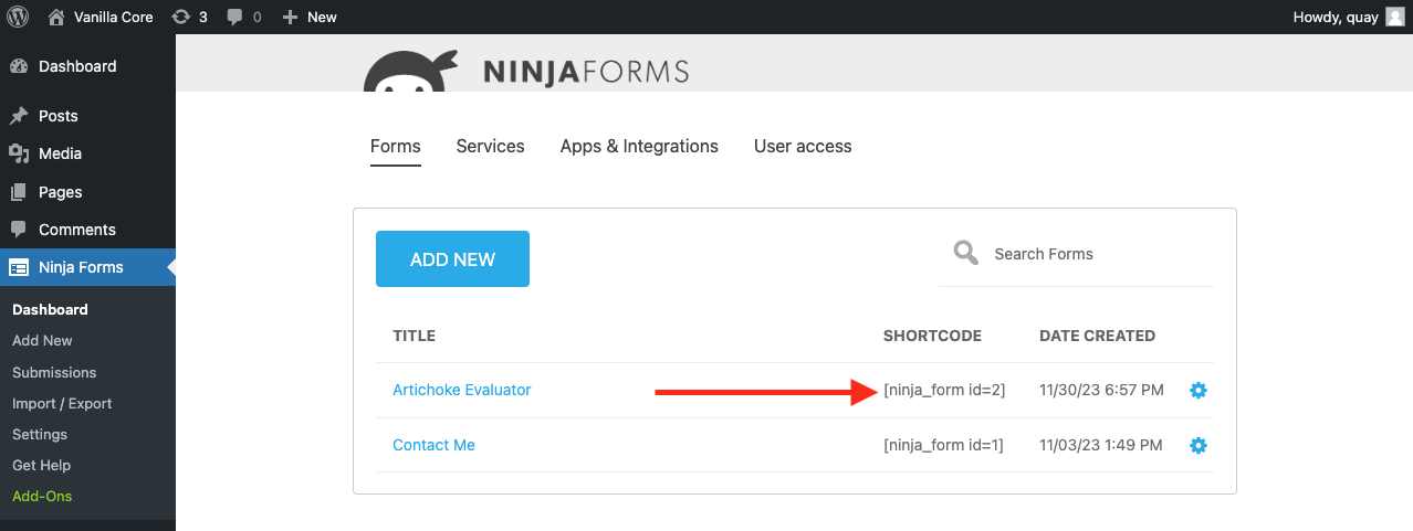 image of the Ninja Forms dashboard with the list of existing forms displayed. Each form's unique short code is in the second column from the left, between the form title and date created.